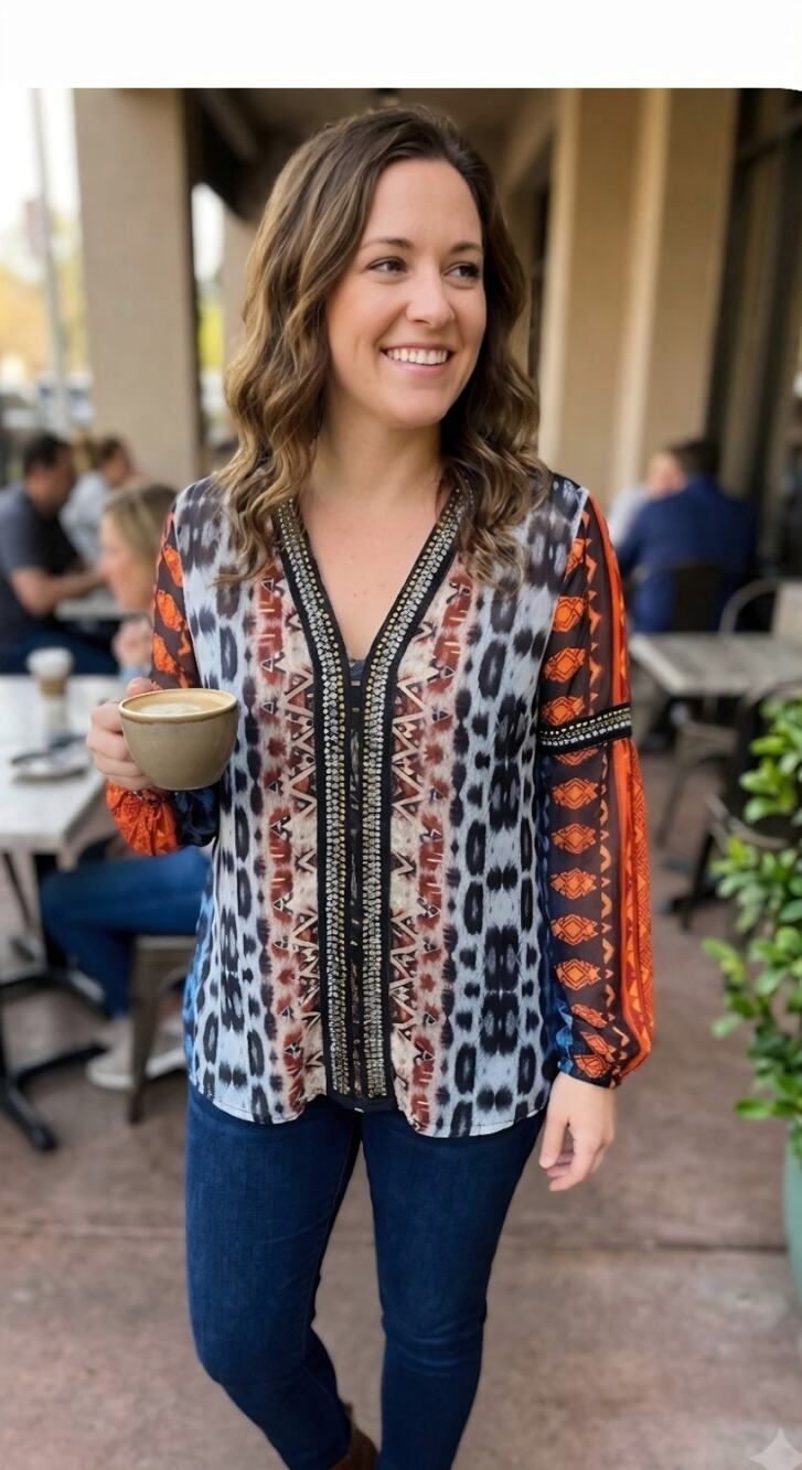 Cristina multicolored v neck beaded puff sleeve tunic Size XL